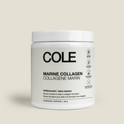Jar of Cole Marine Collagen on a beige background