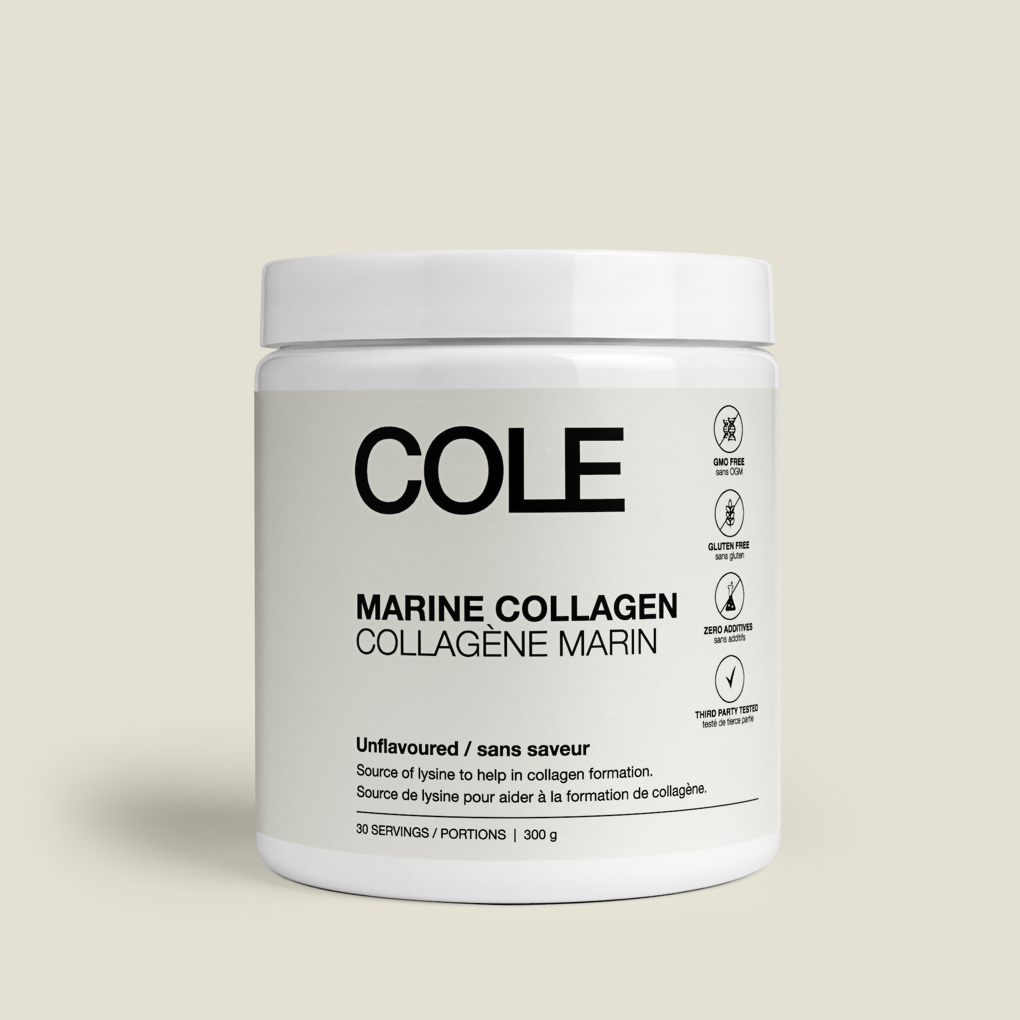 Jar of Cole Marine Collagen on a beige background
