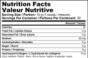 Nutrition facts label for a product with serving size, calories, and ingredients listed.
