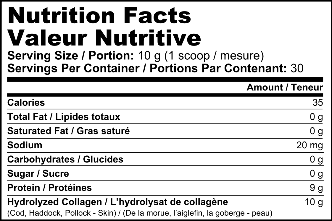 Nutrition facts label for a product with serving size, calories, and ingredients listed.